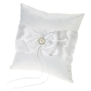 White Satin Bowknot Rhinestone-Pearl Decorated Ring Bearer Pillow and Flower Girl Basket Set
