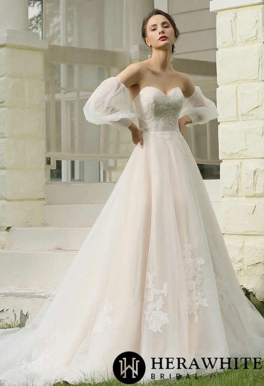 Classic A-Line Strapless Detachable Bishop Sleeves Wedding Dress