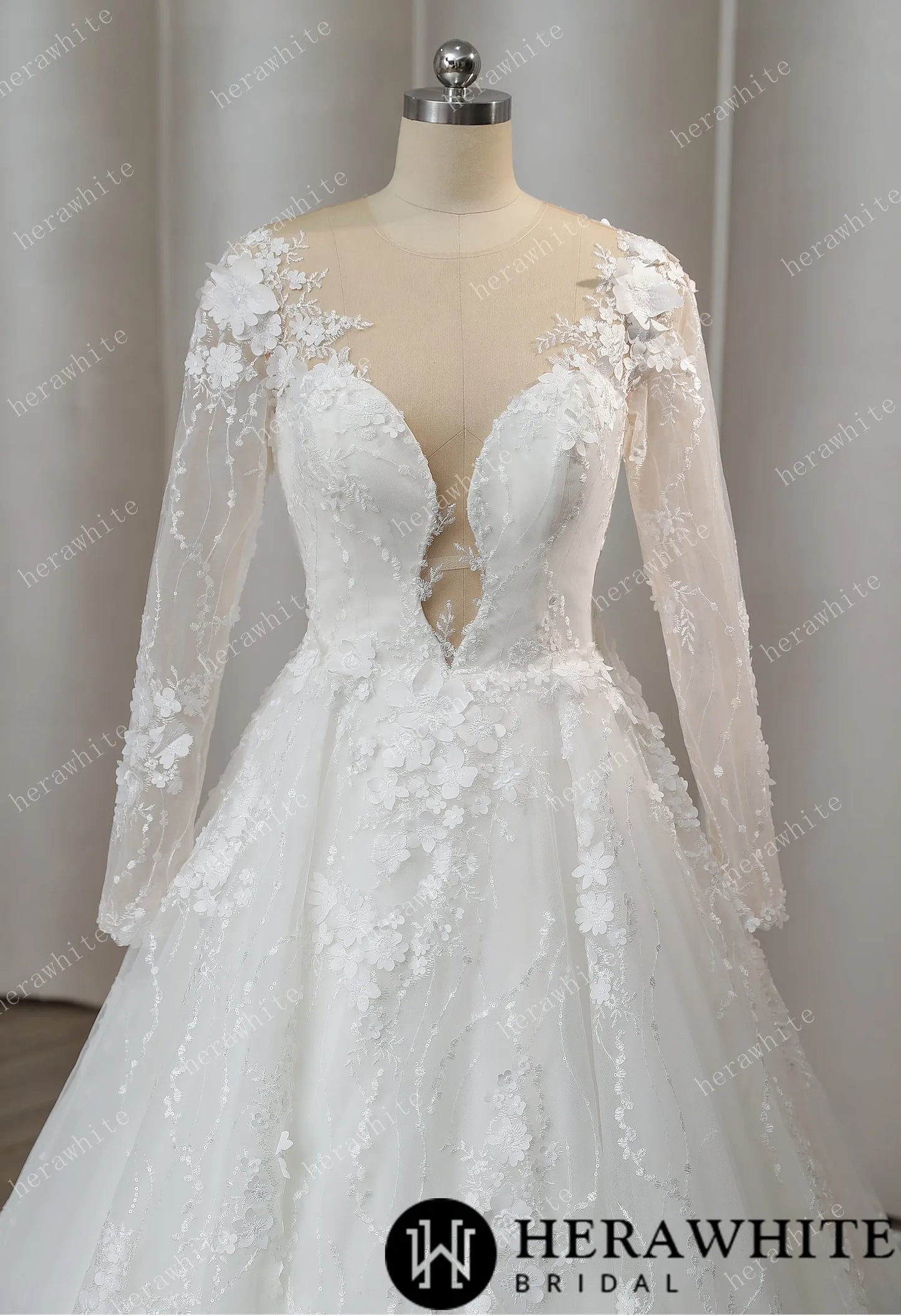 Elegant Illusion Plunging V Neck Wedding Dress