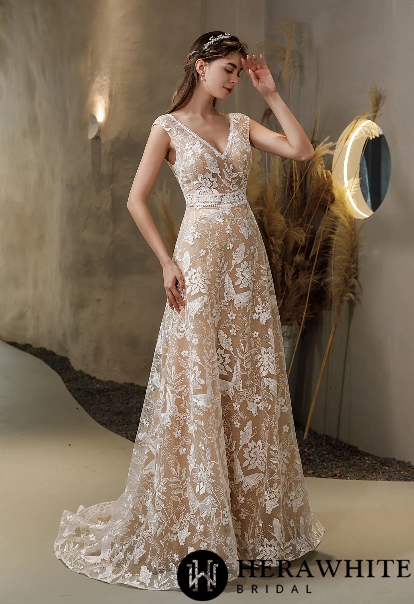 Luxurious Boho Illusion Lace Cap Sleeve Wedding Dress