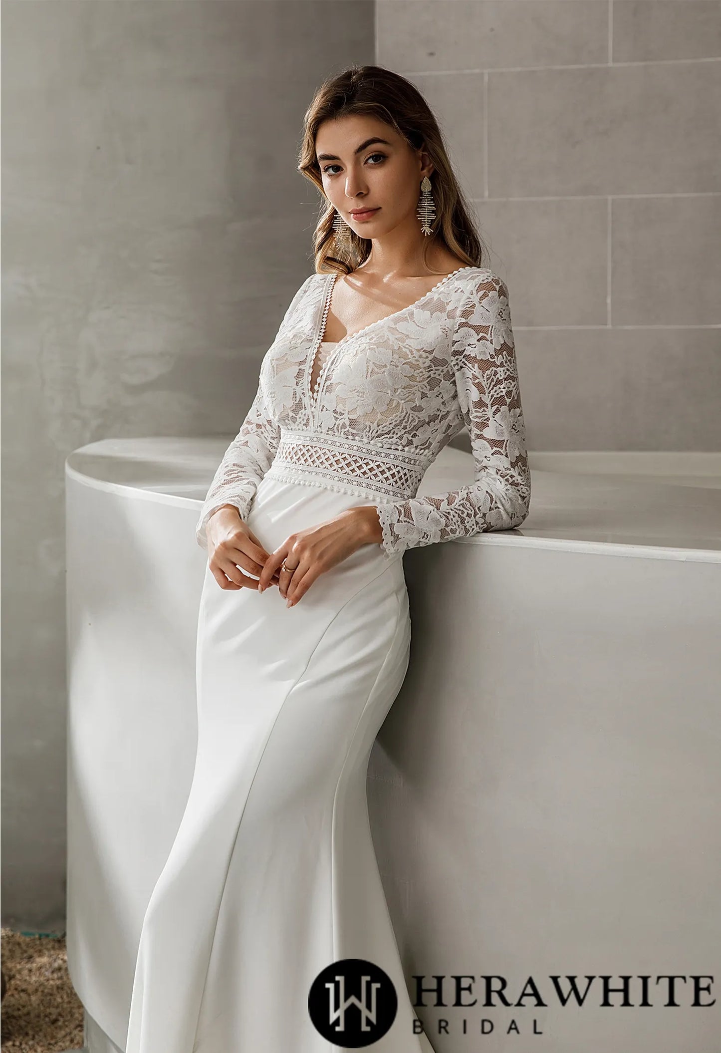 Boho Mermaid Long Sleeve Plunging V-neck Wedding Dress