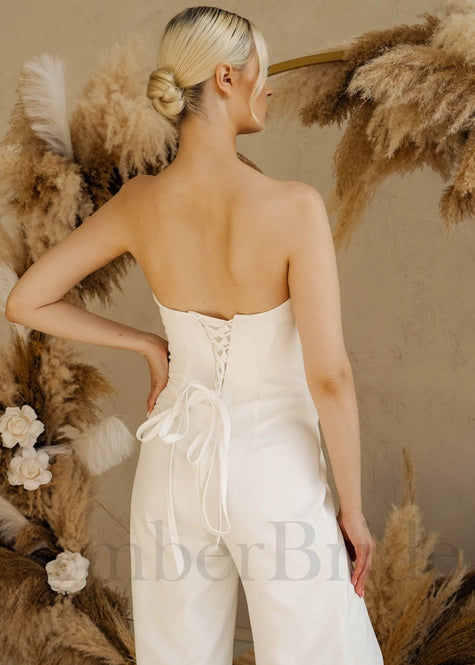 Satin Strapless Jumpsuit with Deep-V Neck and Corset