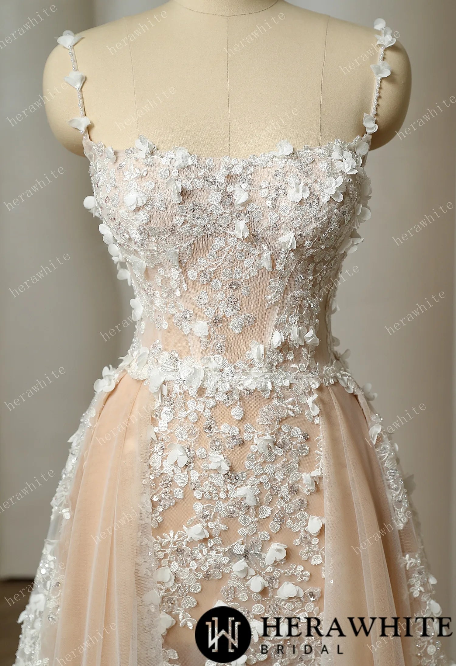 Delicately Embroidered 3D Flowers Wedding Dress With Voluminous Overskirt