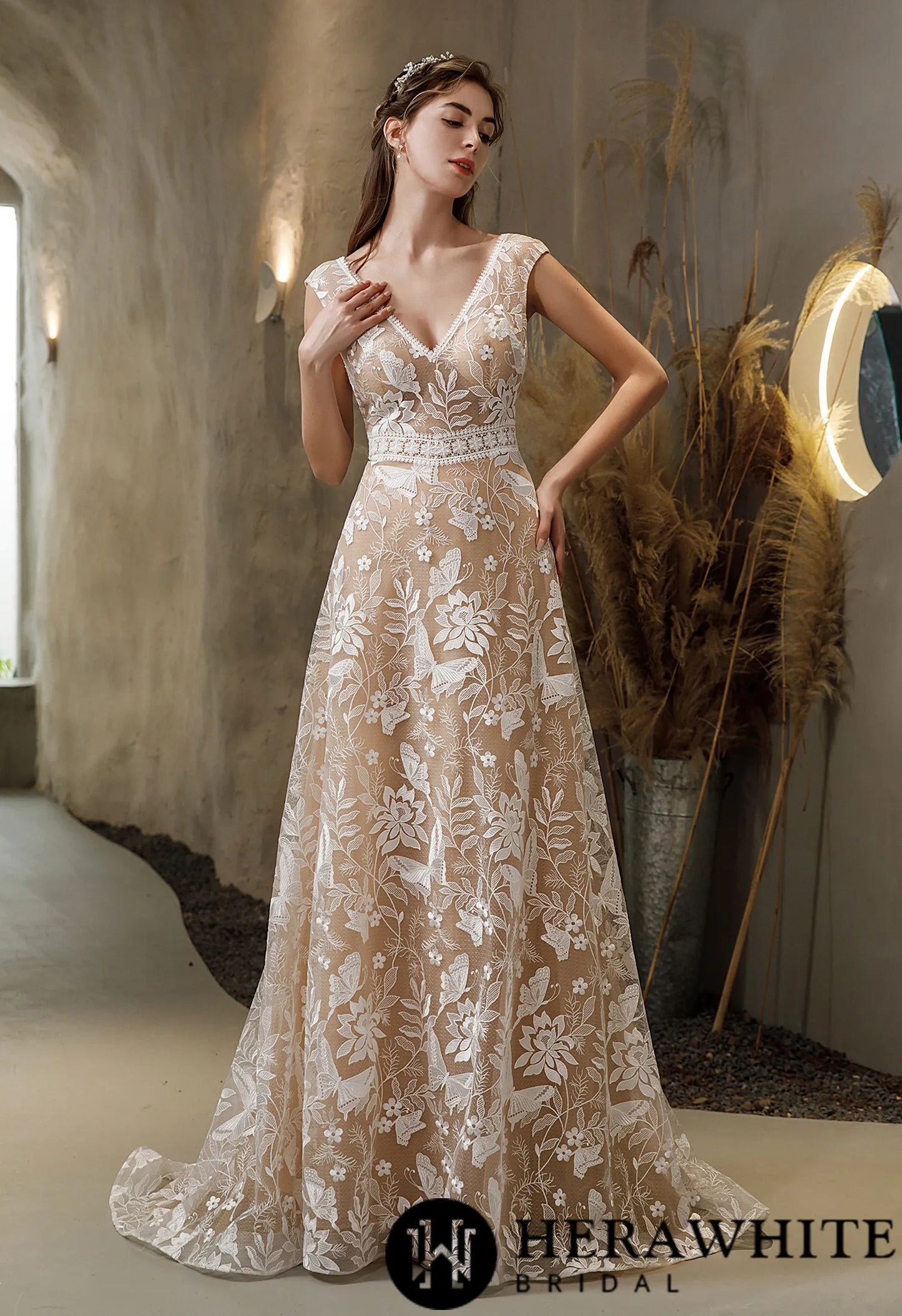 Luxurious Boho Illusion Lace Cap Sleeve Wedding Dress