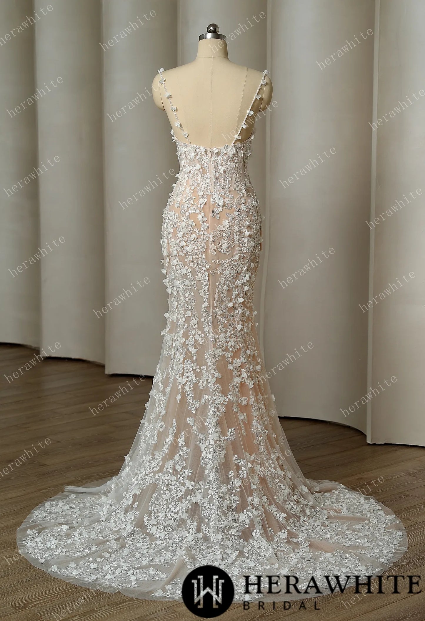 Delicately Embroidered 3D Flowers Wedding Dress With Voluminous Overskirt