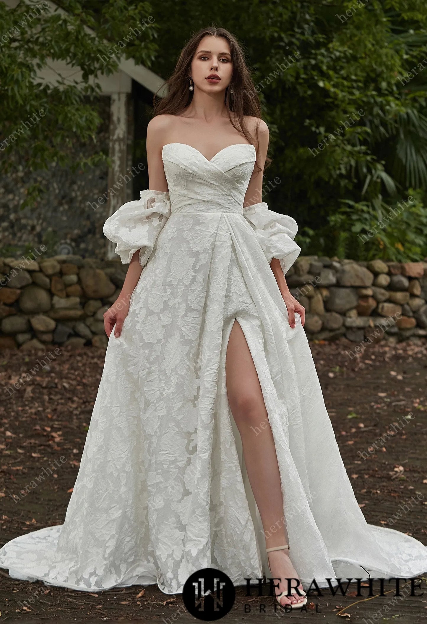 Jacquard Organza Puff Sleeves Grace Slit And Sweetheart Wedding Dress