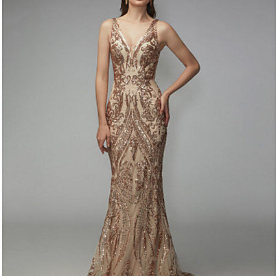 Gold Sequin Ladies Formal Evening Gown