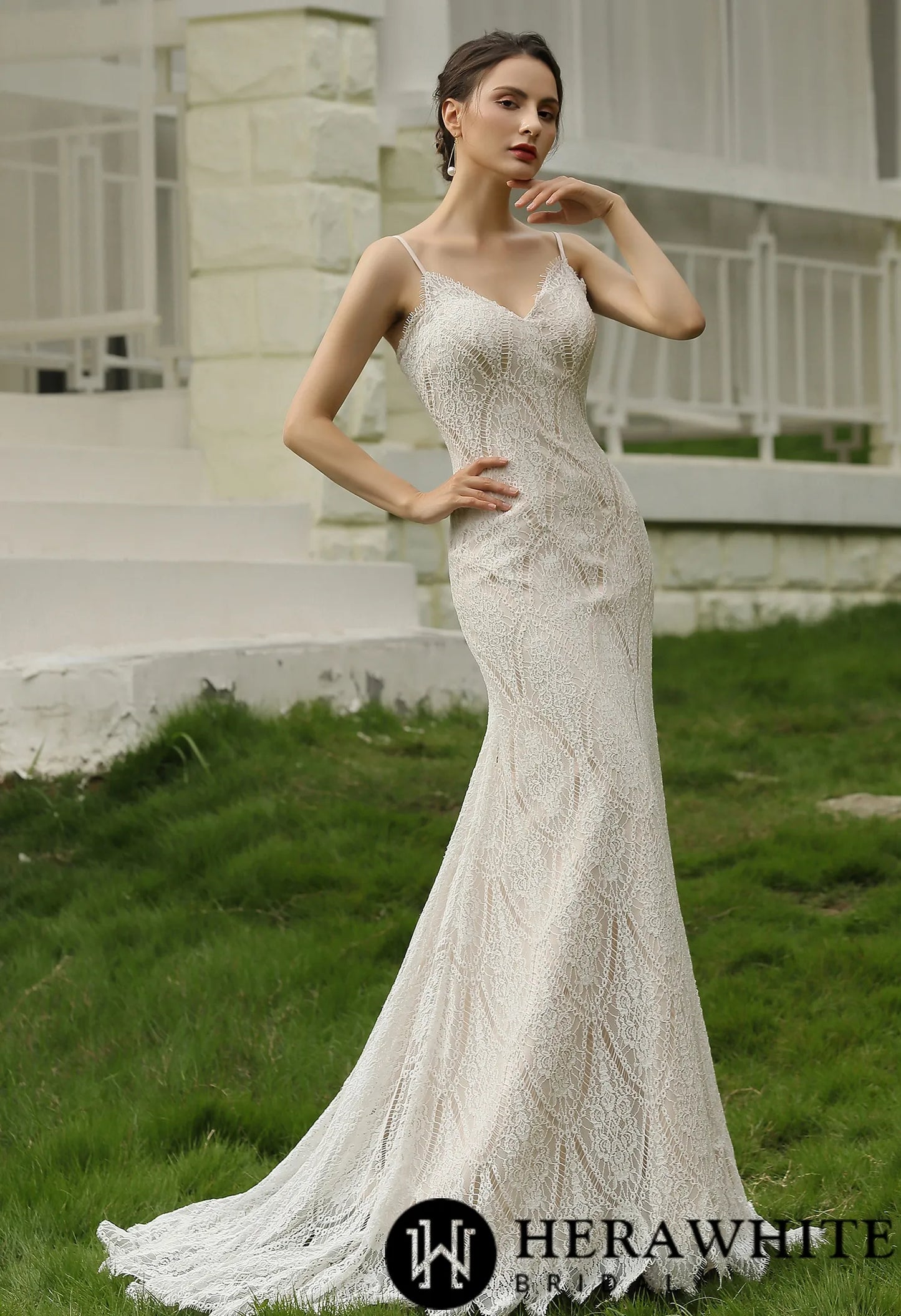 Spaghetti Straps Lace Sheath Wedding Dress