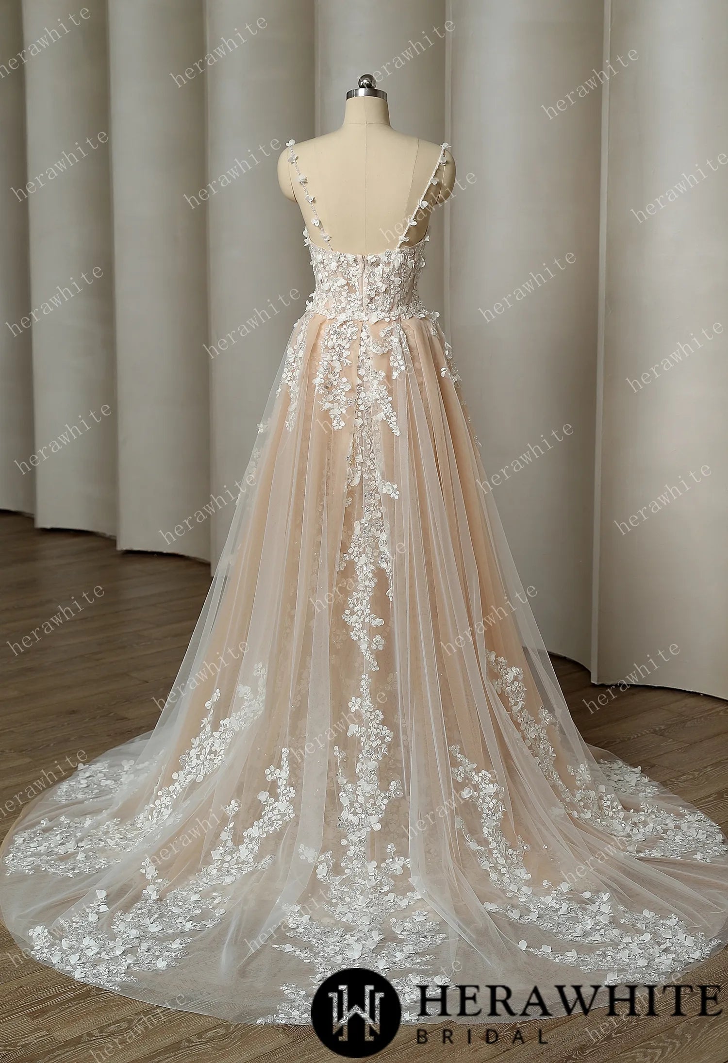 Delicately Embroidered 3D Flowers Wedding Dress With Voluminous Overskirt