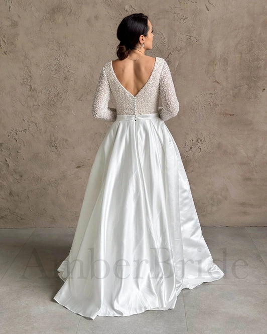 A Line Satin Wedding Dress with Long Sleeve and Deep V Neck