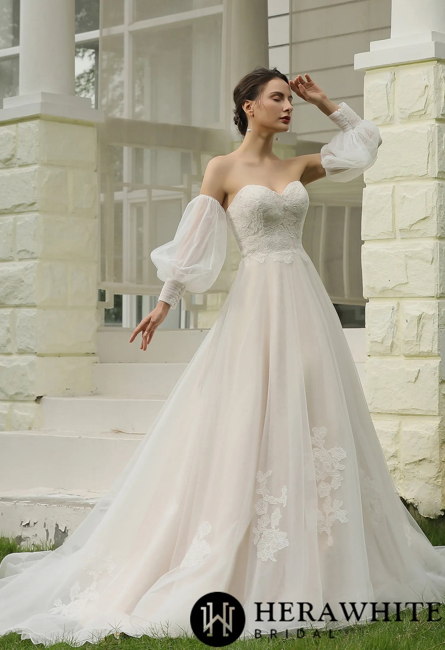 Classic A-Line Strapless Detachable Bishop Sleeves Wedding Dress