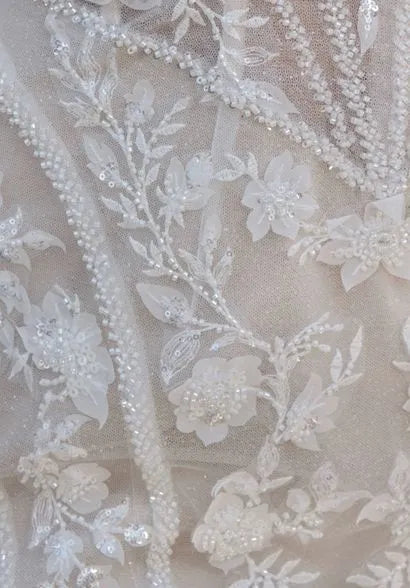 Beaded lace with floral motifs, highlighting intricate bead and lace craftsmanship.