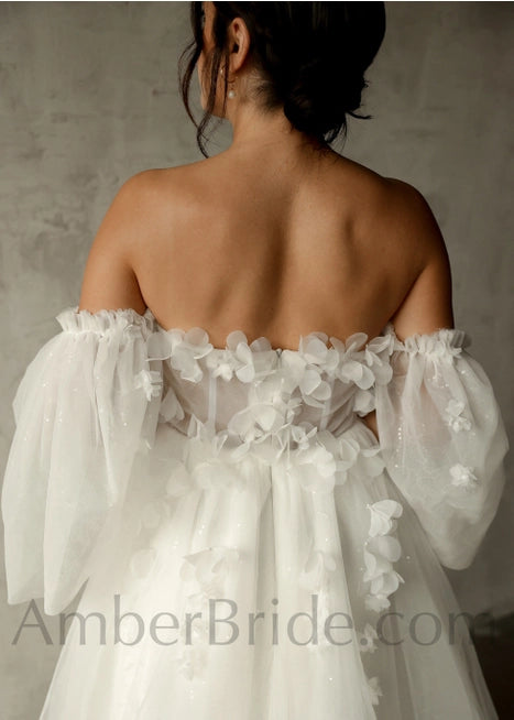 Rustic A Line Off the Shoulder Floral Tulle Wedding Dress