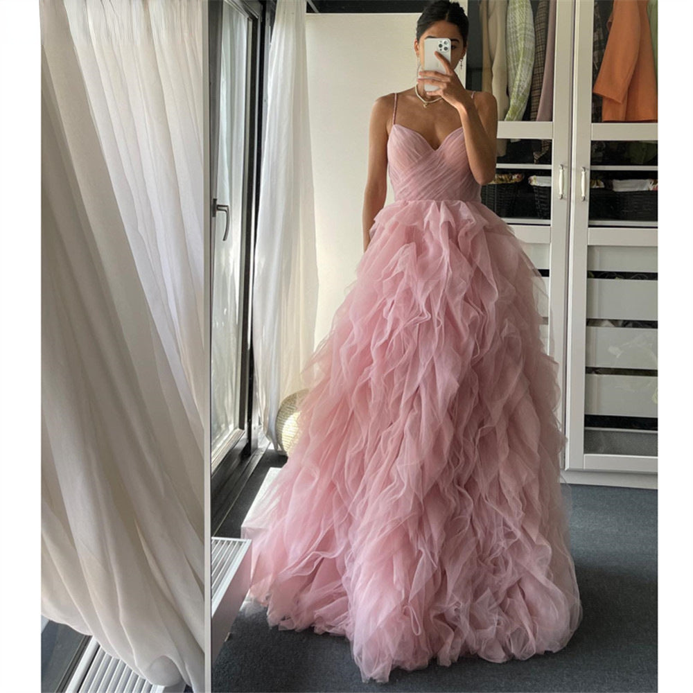 Spaghetti-strap Flowing Mesh Long Evening Gown