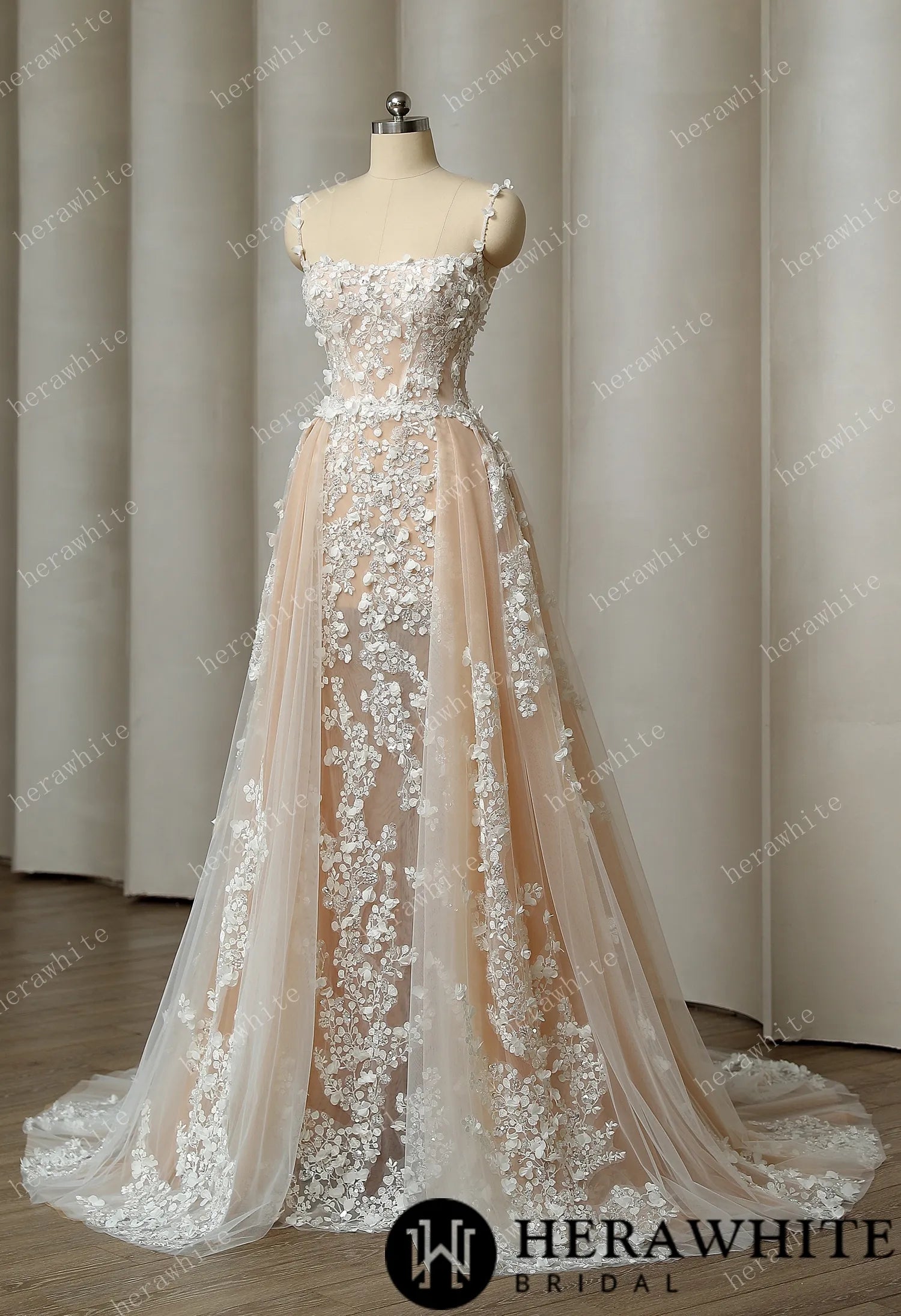 Delicately Embroidered 3D Flowers Wedding Dress With Voluminous Overskirt