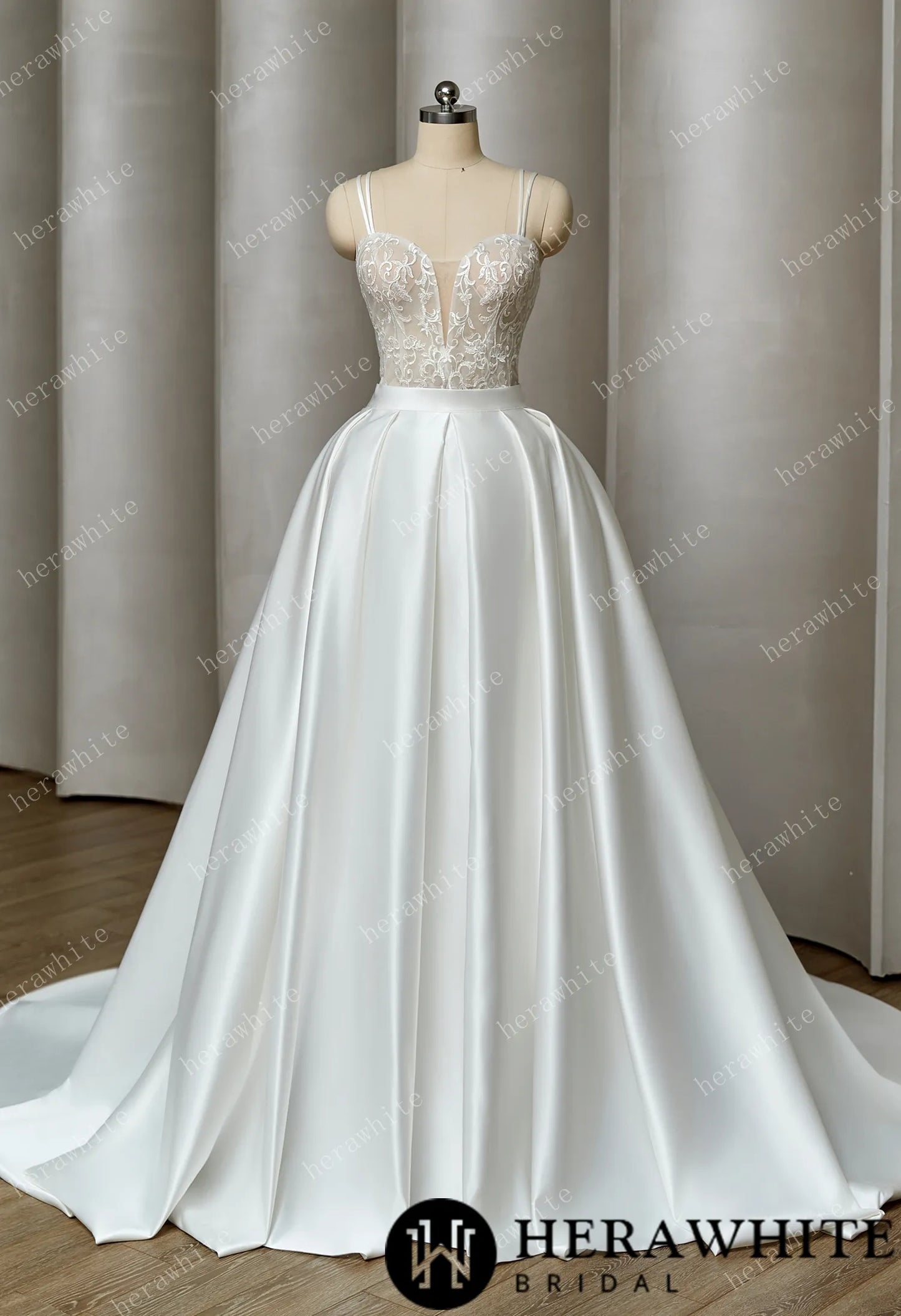 Unique Satin Ballgown With Sheer Embroidered Mini Skirted