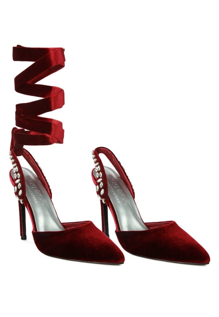 Wallis Burgundy Velvet Diamante Stud Tie Up Sandals