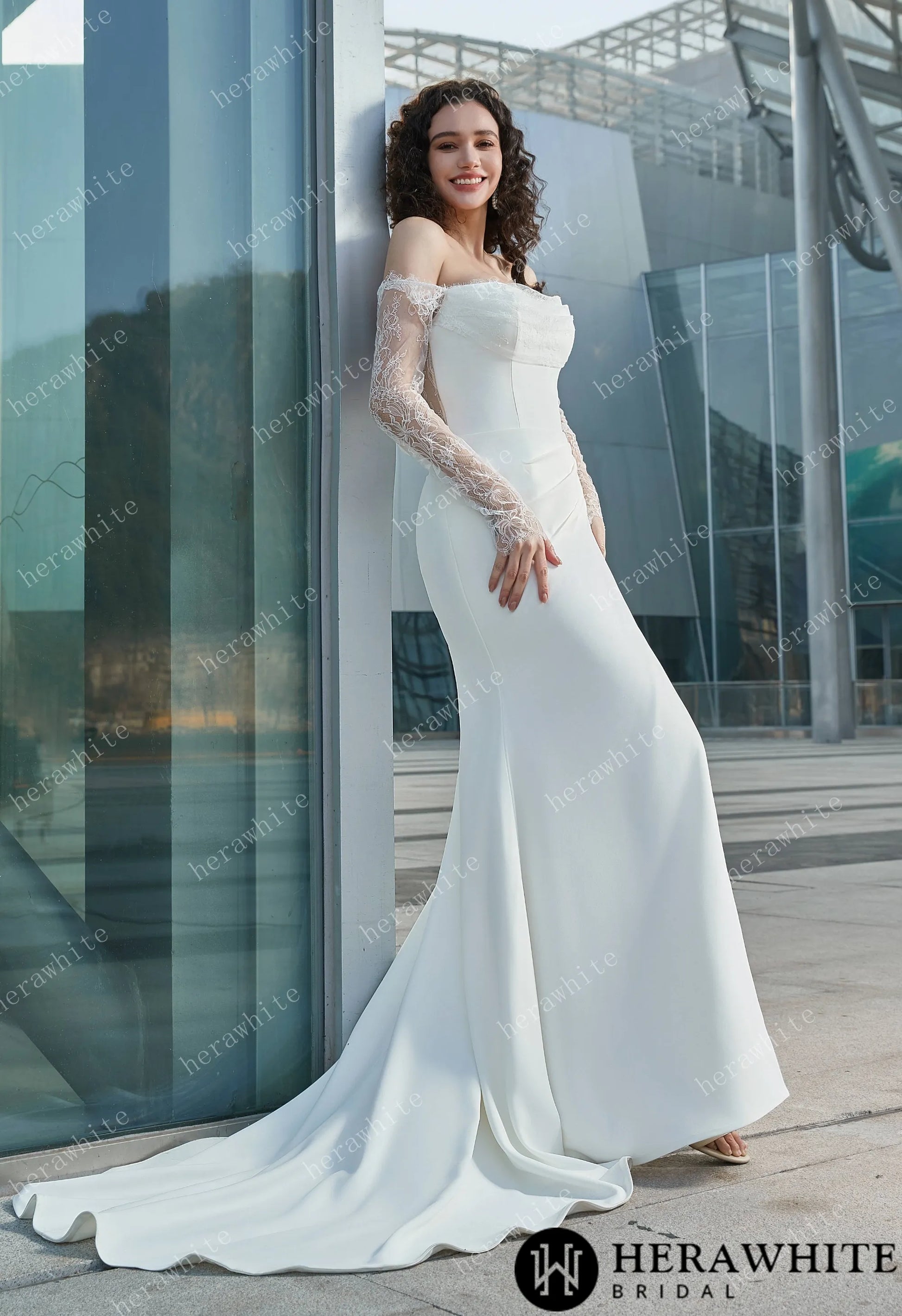 Bride wearing the "Megan" Modern Glam-Off-the-Shoulder Bridal Gown 