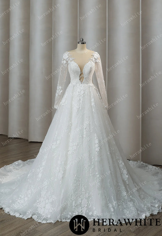 Elegant Illusion Plunging V Neck Wedding Dress