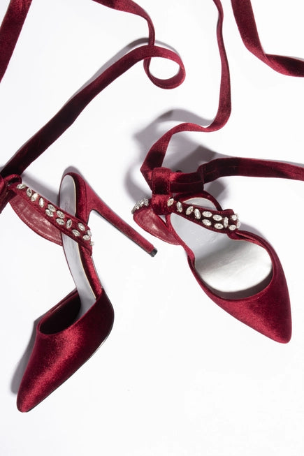 Wallis Burgundy Velvet Diamante Stud Tie Up Sandals