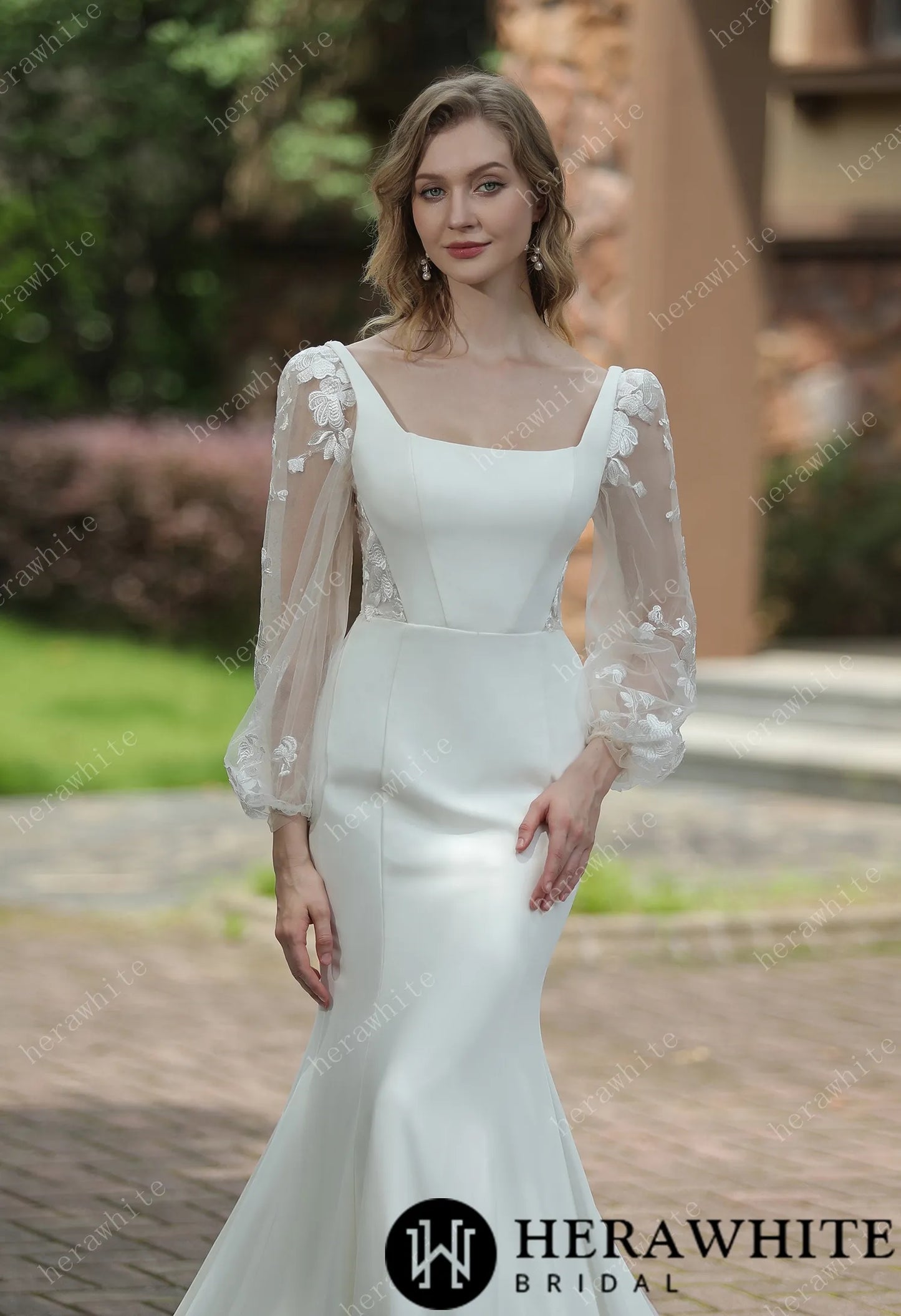 Square Neck Crepe Fit And Flare Tulle Detachable Sleeves Wedding Dress