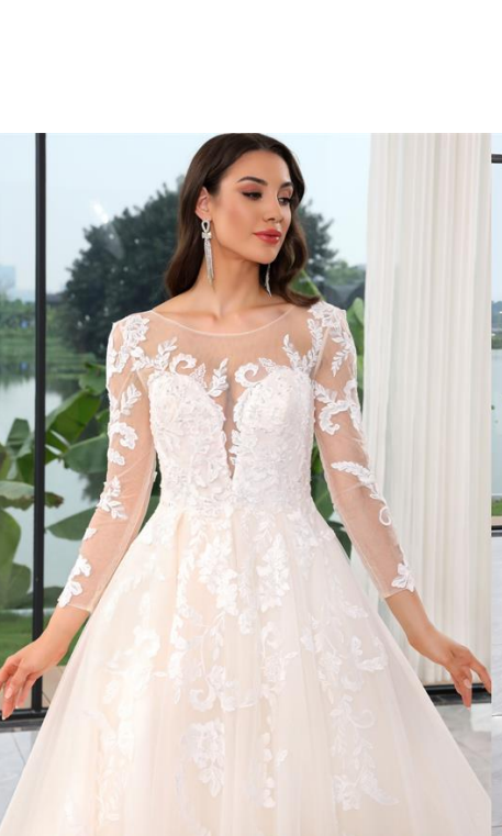 Denise Princess Wedding Gown with Long Lace Sleeves and Glitter Tulle.