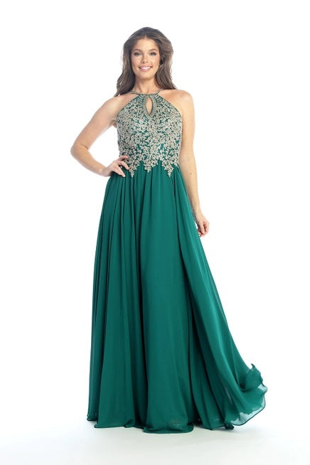 Anny Lee Fit and Flair Formal Dress with Gold Applique.