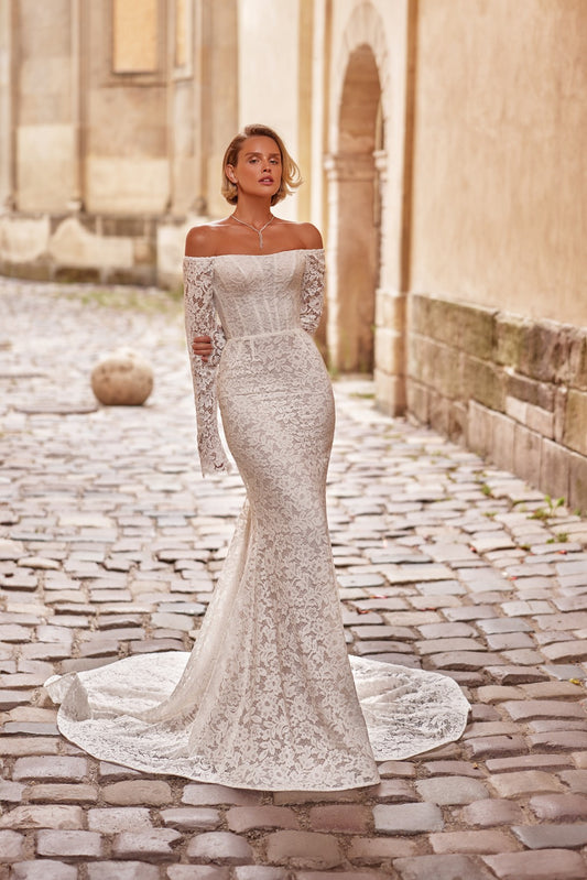 Bride wearing Gold Top Bridal Gown – Corset Lace Mermaid Wedding Dress by Nataliya Vilchuk