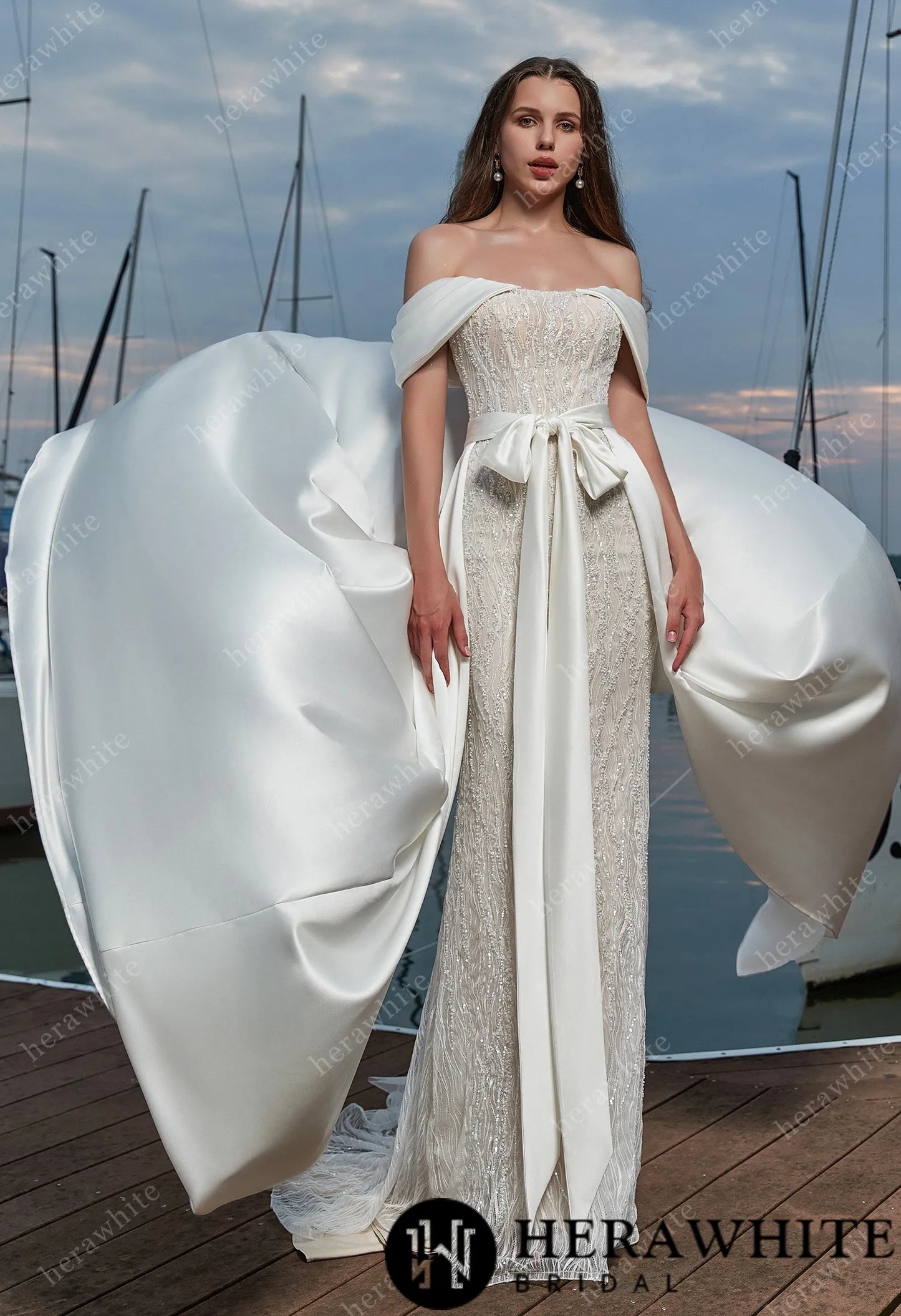 Sensual fit-and-flare wedding dress  with detachable train