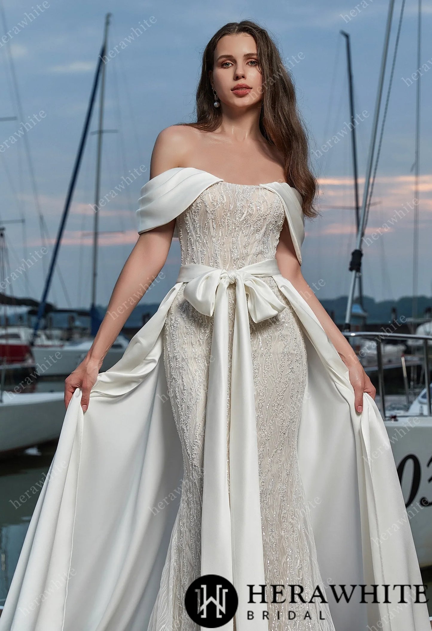 Sensual fit-and-flare wedding dress  with detachable train