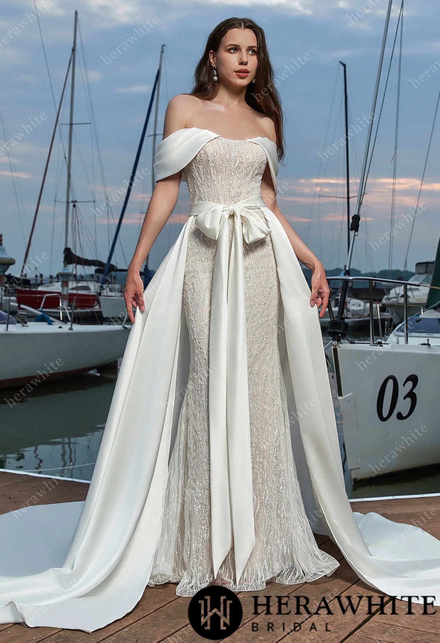 Sensual fit-and-flare wedding dress  with detachable train