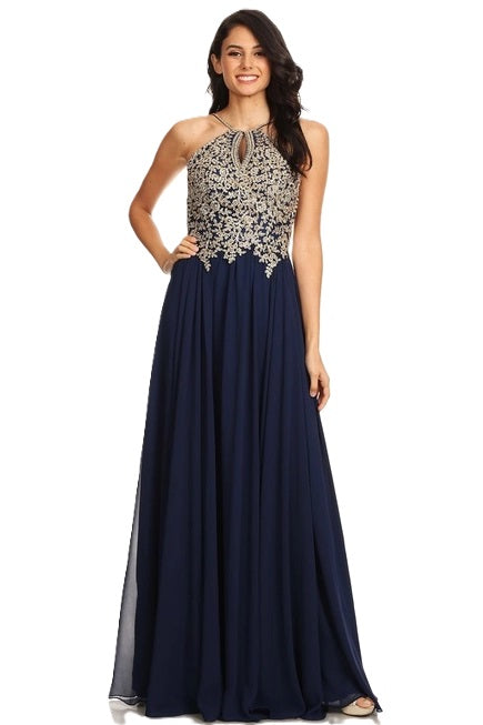 Anny Lee Fit and Flair Formal Dress with Gold Applique.