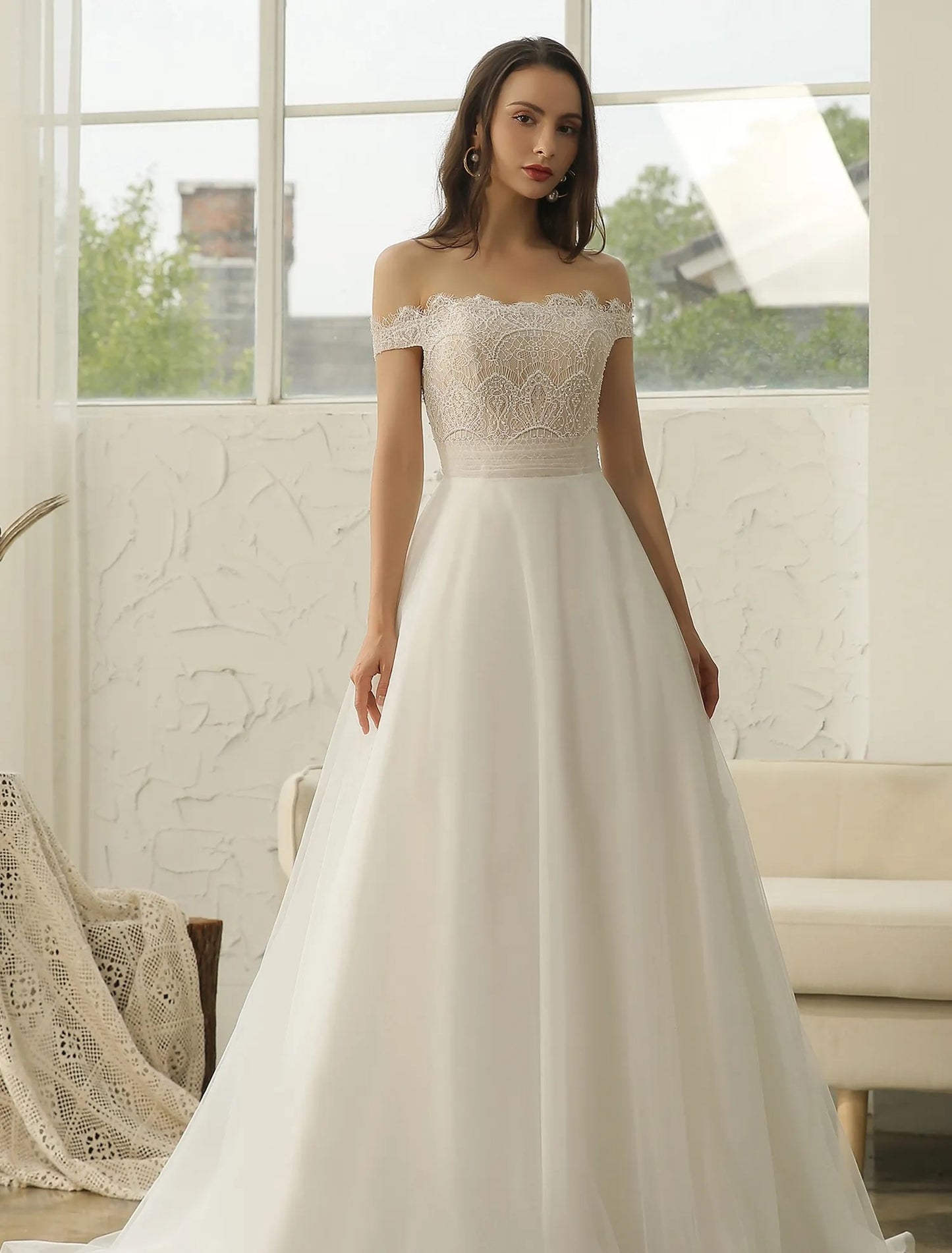 Off-The-Shoulder Beading Lace Pleating Wedding Gown