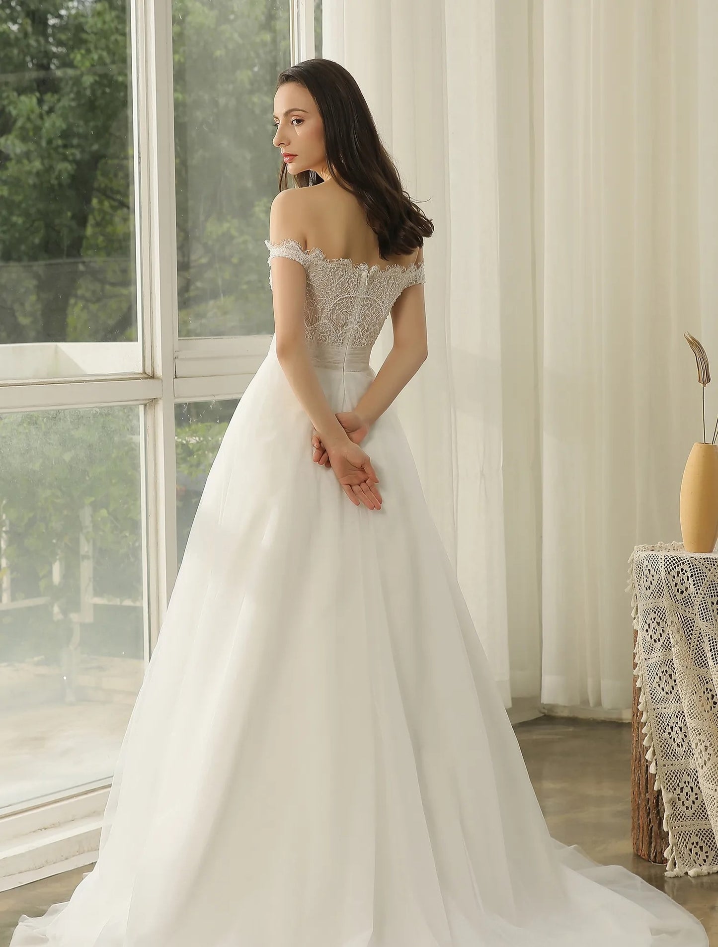 Off-The-Shoulder Beading Lace Pleating Wedding Gown