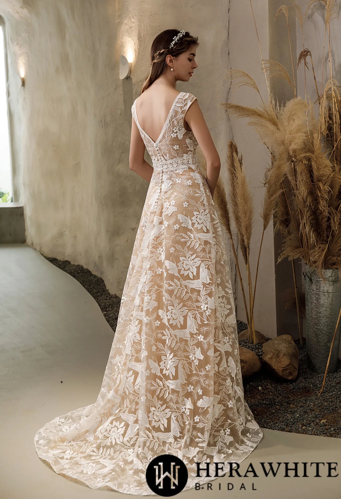 Luxurious Boho Illusion Lace Cap Sleeve Wedding Dress