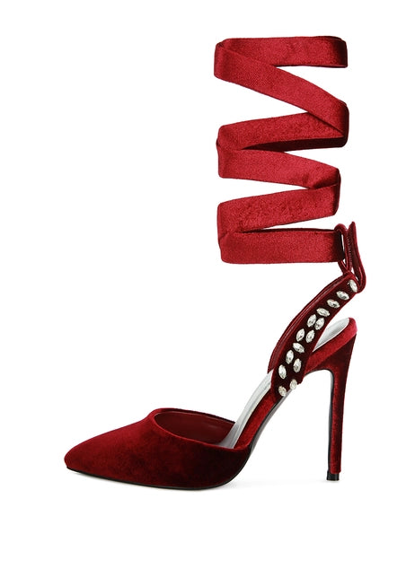 Wallis Burgundy Velvet Diamante Stud Tie Up Sandals