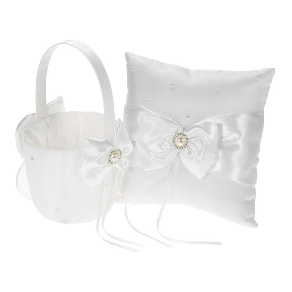 White Satin Bowknot Rhinestone-Pearl Decorated Ring Bearer Pillow and Flower Girl Basket Set