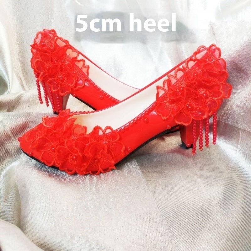 Lace and Flower Rhinestone Tassel High-heeled Bridal Shoes