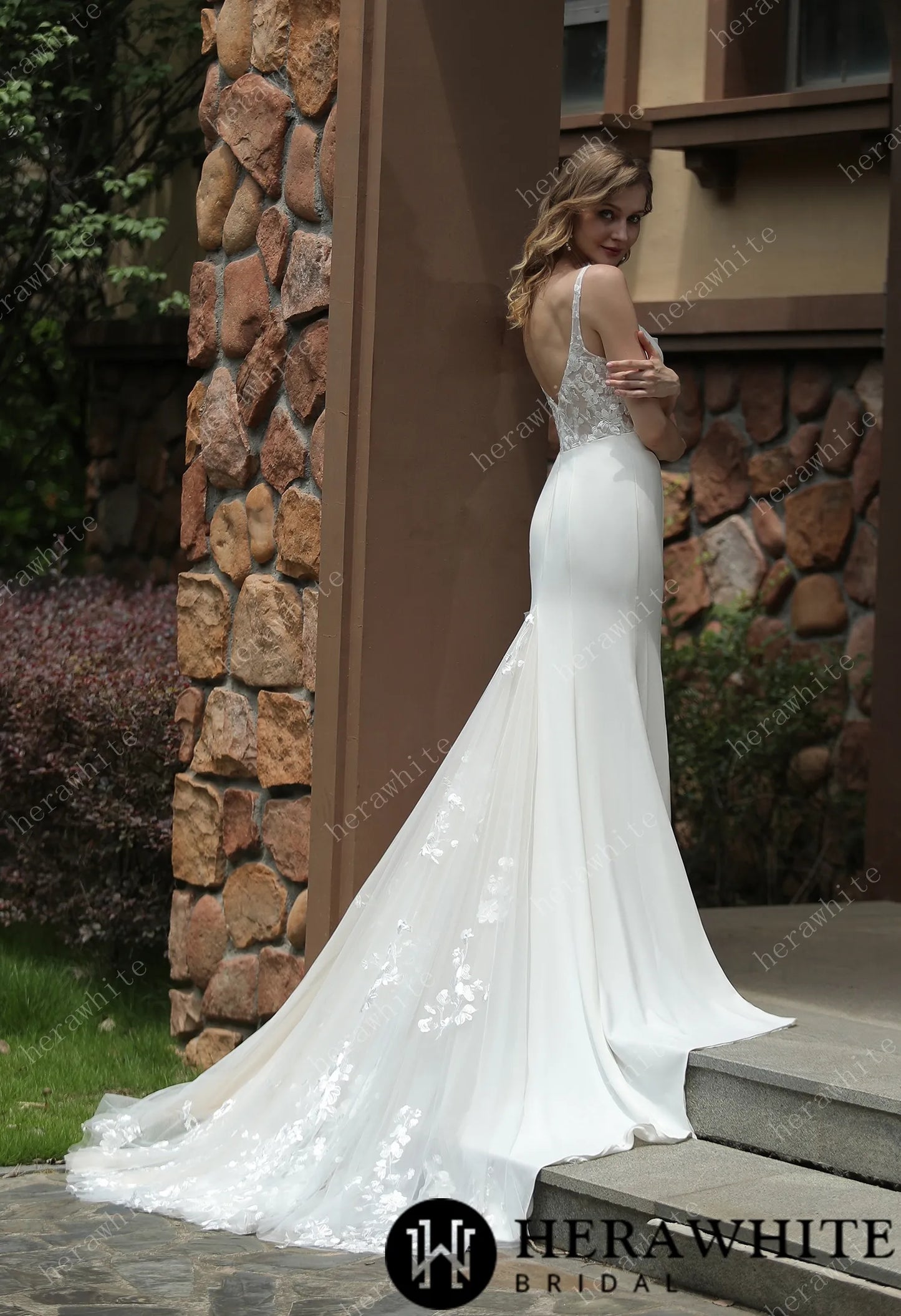 Square Neck Crepe Fit And Flare Tulle Detachable Sleeves Wedding Dress