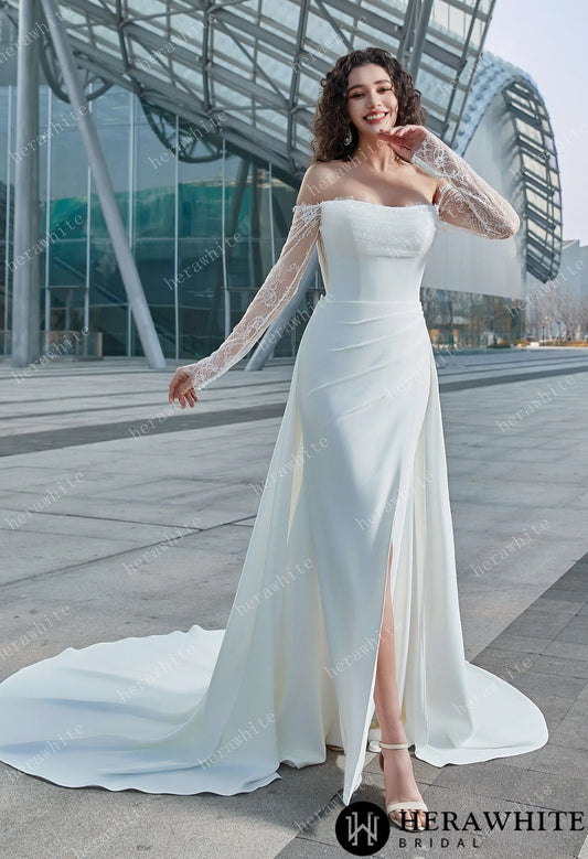 Bride wearing the "Megan" Modern Glam-Off-the-Shoulder Bridal Gown with Thigh-High Slit & Delicate Lace Sleeves