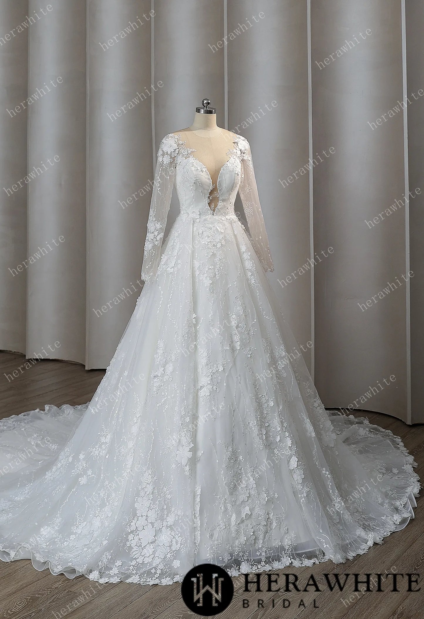 Elegant Illusion Plunging V Neck Wedding Dress