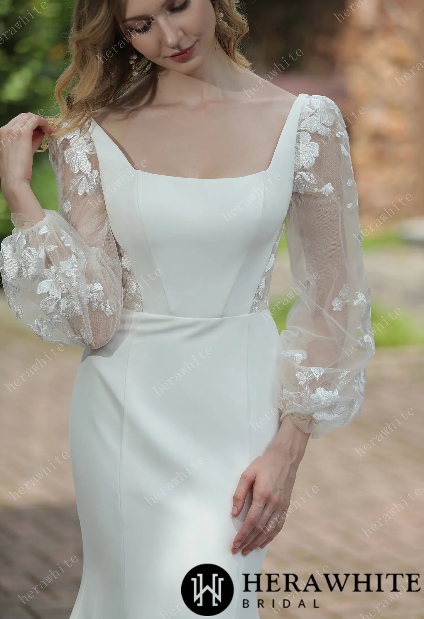 Square Neck Crepe Fit And Flare Tulle Detachable Sleeves Wedding Dress