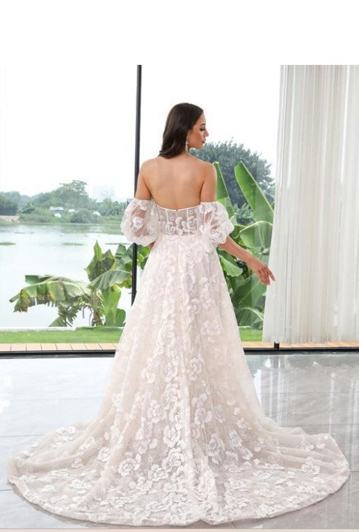 New Fairy Flower Lace A-line Gown with Detachable Sleeves