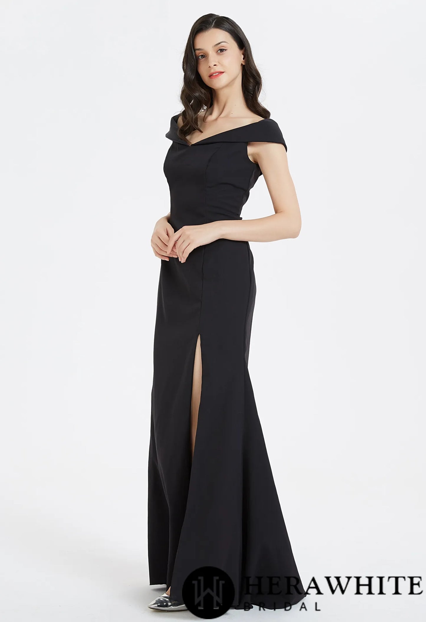 Classic Off The Shoulder Split Long Bridesmaid Dress (Plus Size)