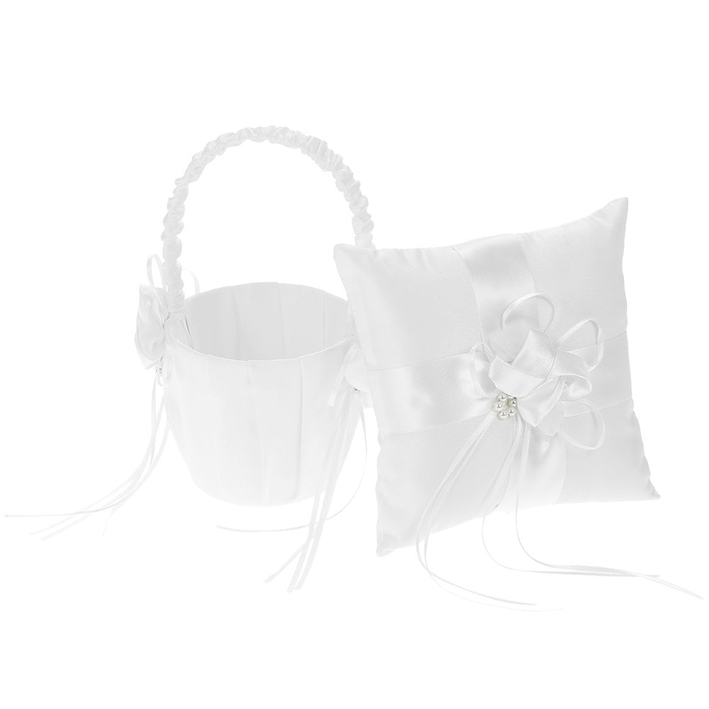 Off White Satin Flower Bowknot Ring Bearer Pillow and Flower Girl Basket Set