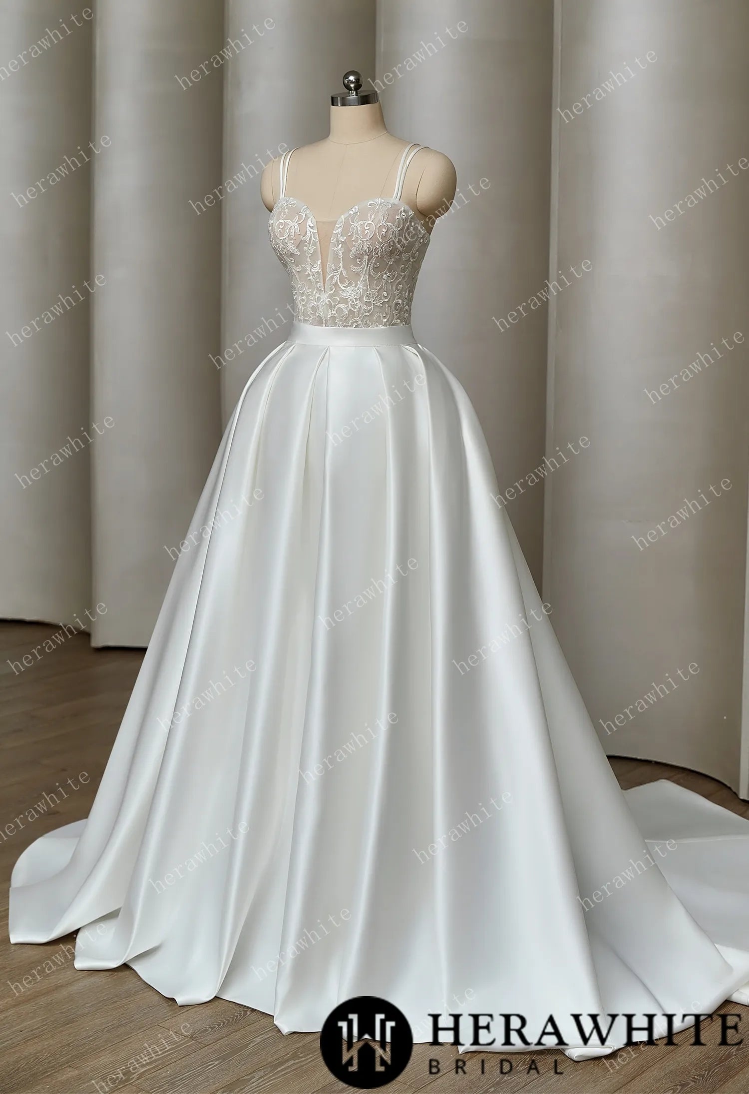 Unique Satin Ballgown With Sheer Embroidered Mini Skirted