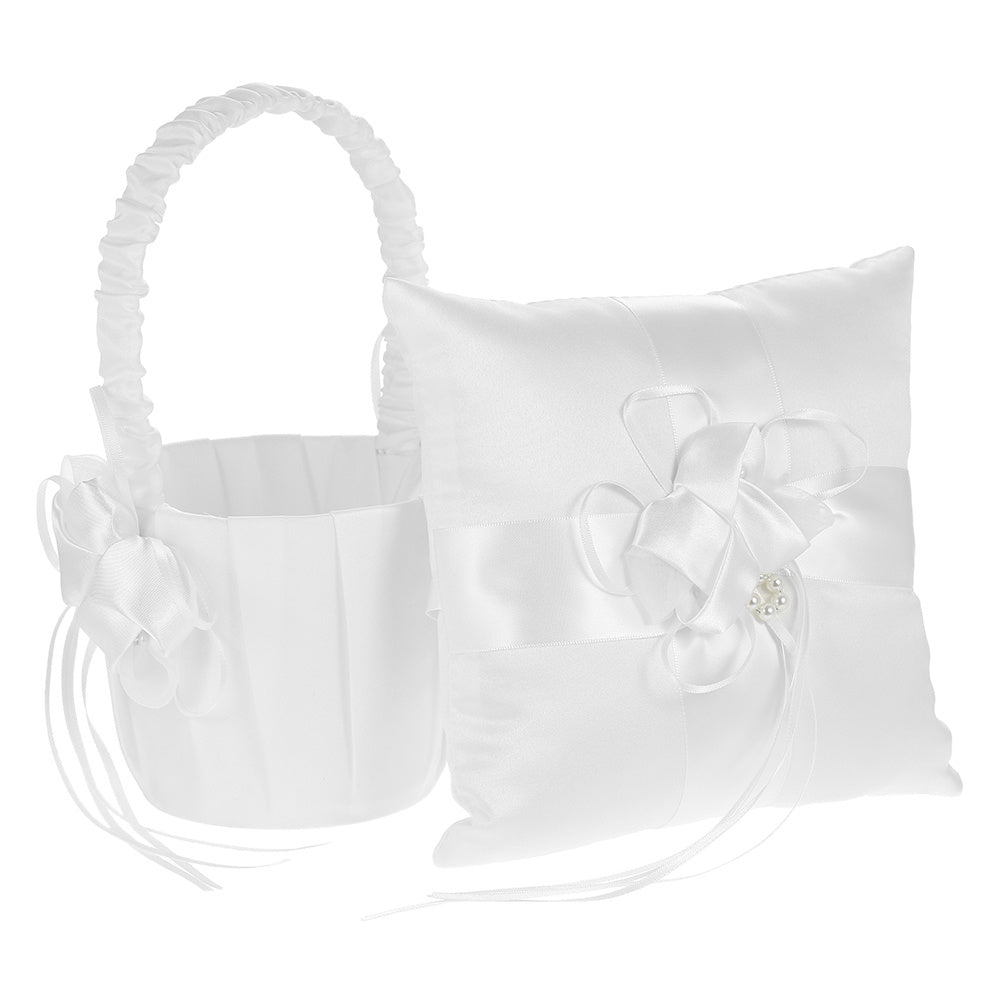 Off White Satin Flower Bowknot Ring Bearer Pillow and Flower Girl Basket Set