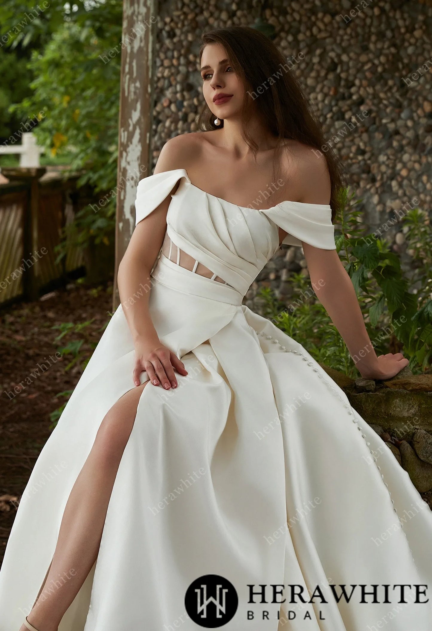 Modern Off Shoulder Grace Slit And Strapless Mikado Wedding Gown