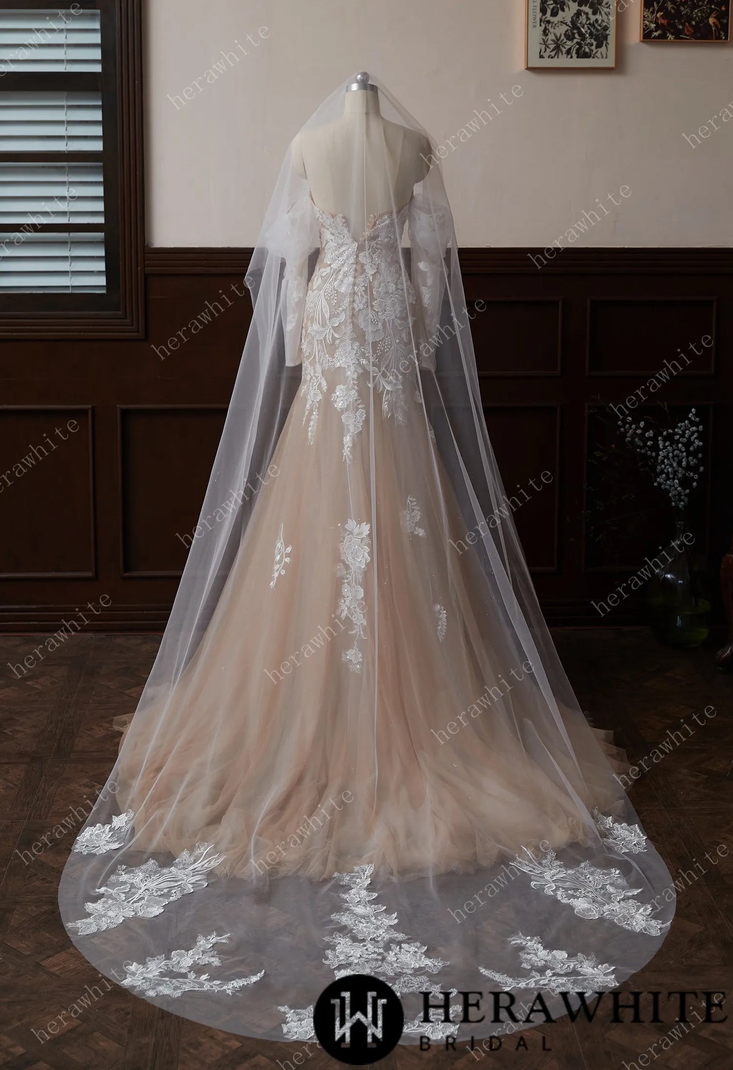 Cathedral-Length Whimsical Lace Bridal Veil With Vintage-Vibes