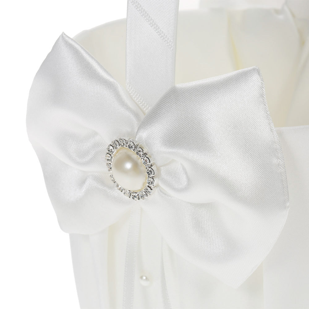 White Satin Bowknot Rhinestone-Pearl Decorated Ring Bearer Pillow and Flower Girl Basket Set